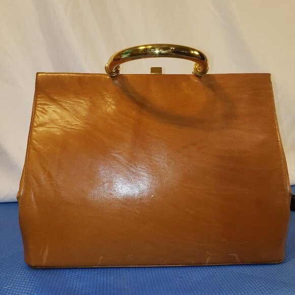Vintage Bienen-Davis Brown Leather Handbag w/Gold handle & Matching Accessories